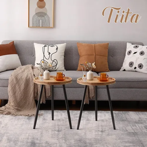Vista 2 de Tiita Mesa auxiliar redonda mental, mesita de noche, mesas pequeñas de madera, mesa de centro con bandeja de madera para sala de estar, dormitorio