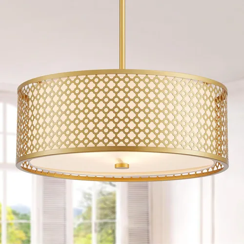 Vista 8 de Candelabro de Tambor de Tela Moderno, Lámpara Colgante para Sala de Estar, Dormitorio, Comedor, D18 x 16-54 pulgadas (Altura Ajustable), Marco