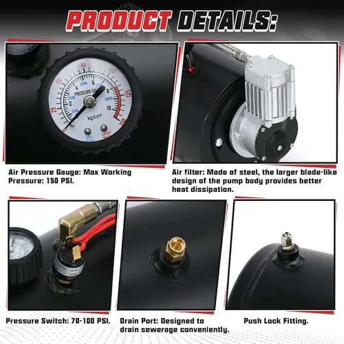 Vista 3 de PTNHZ Bomba de Tanque de Compresor de Aire DC 12V MAX 150PSI con Tanque de 3 Litros 0.8 Galones Para Tren, Camión, Barco, Camioneta, Autocaravana.