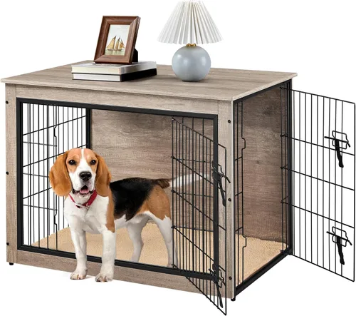 Vista 13 de Yaheetech 32" Mesa auxiliar de jaula para perros con cojín, jaula de madera para perros con puertas dobles/pies ajustables, mesa auxiliar lateral