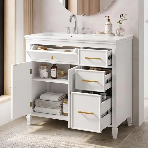 Vista 12 de Harper & Bright Designs Tocador de baño de 24 pulgadas con lavabo, tocador de lavabo individual independiente con una puerta y 3 cajones de cierre
