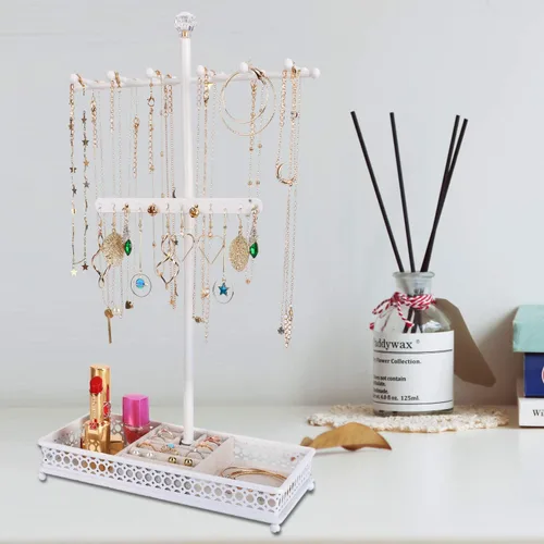 Vista 4 de Meangood Organizador de soporte para árbol de joyería 3 en 1, organizador de collares, pulseras, aretes y bandeja de anillos, soporte de joyería