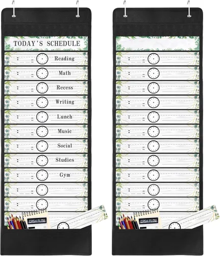 Vista 7 de Tatuo Tabla de bolsillo diario para el aula con tarjetas reutilizables y 14 bolsillos, suministros de aula de granja, tablas de horarios
