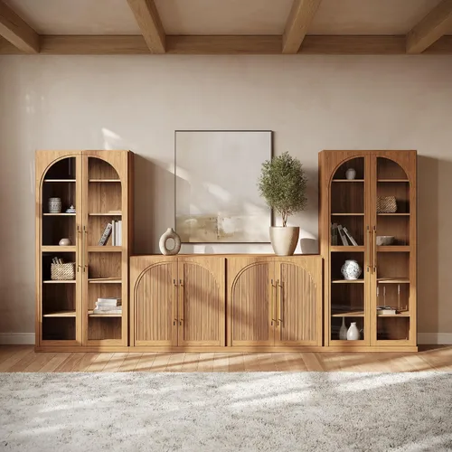 Vista 38 de BELLEZE Centro de entretenimiento modular de 4 piezas con almacenamiento, 2 vitrinas de madera moderna con gabinete arqueado y 2 armarios de puerta