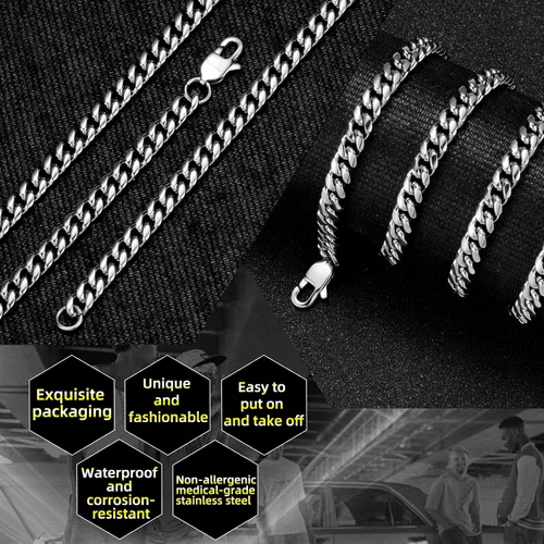 Vista 2 de SytsLNKXXX Collar de cadena cubana Miami para hombres y mujeres, acero inoxidable 316L de 40.236in de ancho, 18"20"22"24" de largo, joyería de hip