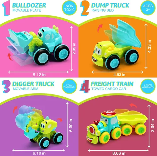 Vista 7 de Juguetes para un niño de 2 años 4 camiones accionados por fricción para niños de 3 años en adelante, juego de vehículos de construcción de dibujos