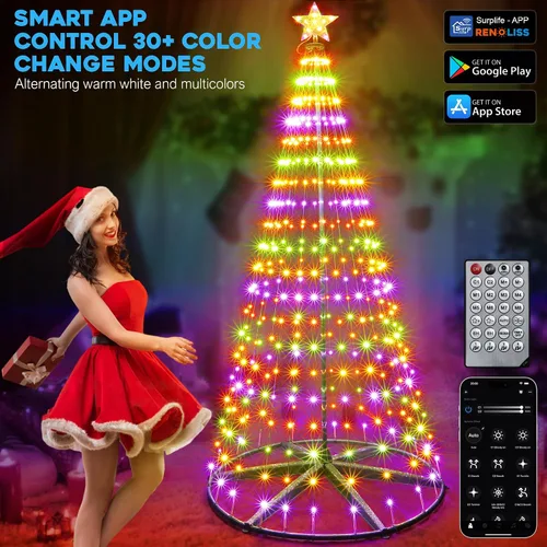 Vista 2 de Árbol de Cono de Navidad Preiluminado Inteligente de 30+ Modos con Luces - 7.5 pies 411 LED Control por App Espectáculo de Luces que Cambian
