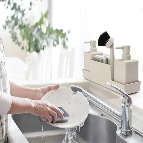 Vista 5 de Dispensador de jabón de cocina con soporte de esponja para fregadero, dispensador de jabón de manos y jabón para platos con cepillo beige mate