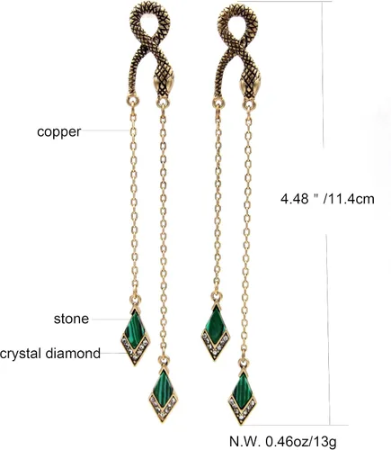Vista 2 de Pendientes de serpiente de gota larga con diamantes de imitación verde vintage, Piedra de malaquita