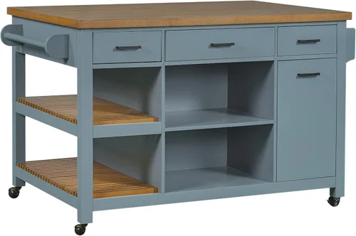 Vista 5 de LUMISOL 52" Kitchen Cart with Rubber Wood Top & Pull-Out Pantry, Blue Gray
