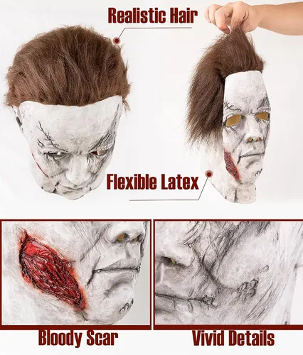 Vista 5 de Máscara de Michael Myers 2022 de Halloween con extremos de Mike Myers para adultos, disfraz realista de Halloween, máscara completa, fiesta