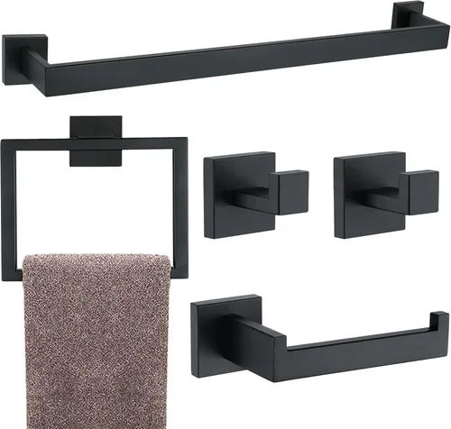 Vista 23 de Juego de 5 piezas de accesorios de ferretería para baño en negro mate, juego de toalleros cuadrados de 16 pulgadas para baño, juego de barras