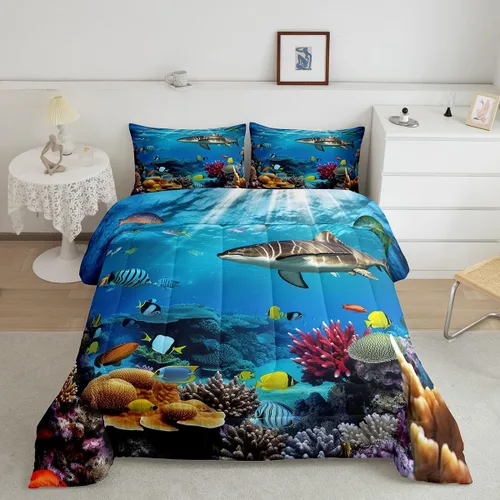 Vista 44 de Feelyou Juego de ropa de cama de sirena suave para niños y niñas, juego de edredón de escamas de peces oceánicos, tamaño individual, edredón