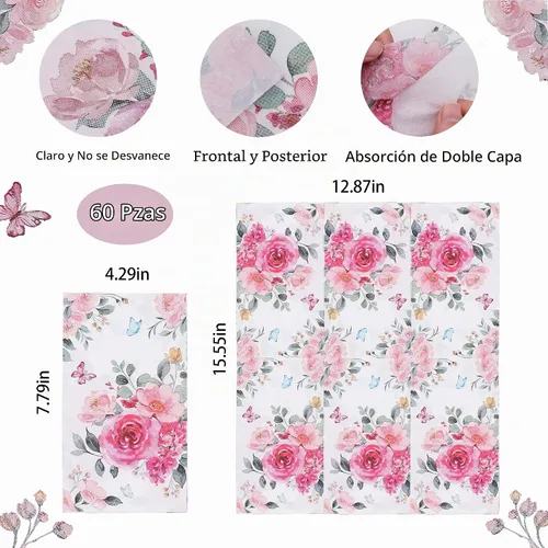Vista 6 de Nanaborn Servilletas de papel florales 60pcs Desechables Flor Decoupage Rosa