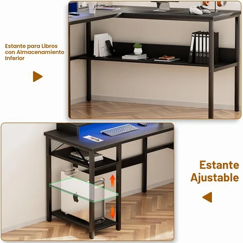 Vista 7 de Unikito Escritorio reversible en forma de L con tomas de corriente mágicas y luz LED inteligente, escritorio de esquina para computadora robusto