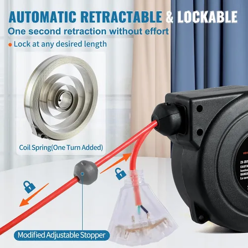 Vista 4 de VEVOR Carrete de cable de extensión retráctil, 30 pies, carrete de cable de alimentación retráctil resistente 16AWG/3C SJTOW con toma triple Rojo