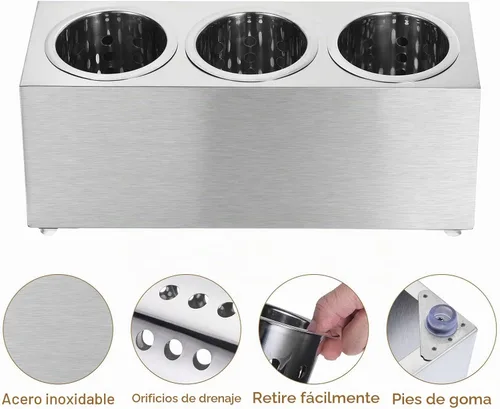 Vista 4 de uxcell Soporte para utensilios de cocina, cilindro de acero inoxidable para cubiertos y utensilios con 3 compartimentos, estante de secado tipo