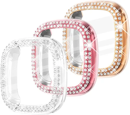 Vista 13 de Fullife Paquete de 10 Parachoques de TPU para Fitbit Versa 2, Fundas de Cristal con Diamantes Brillantes HD, Funda Protectora Completa, Resistente a