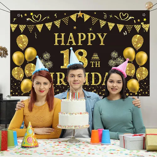 Vista 7 de Trgowaul Decoraciones de cumpleaños número 18 para hombres, pancarta de fondo negro y dorado de 5.9 x 3.6 pies, suministros de fotografía de feliz