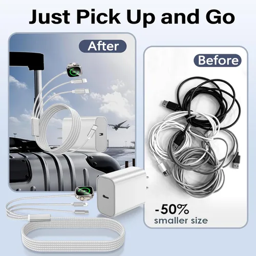 Vista 5 de Esenciales de viaje para cargador de Apple Watch, cargador de iPhone, cable de carga múltiple 3 en 1 tipo C/Lightning/magnético con bloque