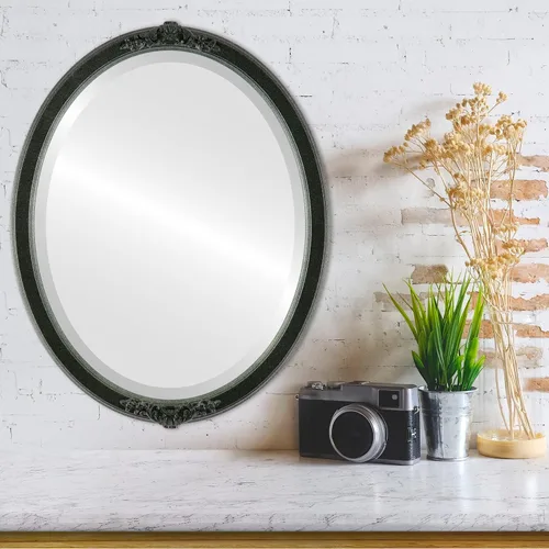Vista 3 de Espejo de pared biselado ovalado para decoración del hogar, estilo Athena, negro plateado, dimensiones exteriores de 14 x 18 pulgadas