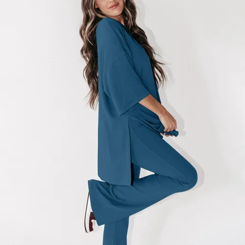 Vista 5 de Gumipy Women's 2 Piece Outfit All Weekend Long Pant Set Casual Fall Outfits 34 Sleeve Ribbed T-Shirt & Wide Leg Pants Tracksuit