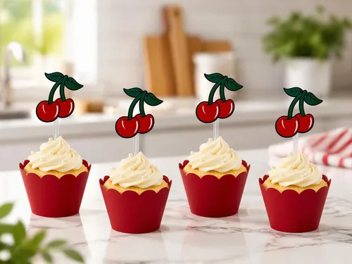 Vista 2 de Selecciones de decoración de cupcakes de cereza para decoraciones de pasteles de cumpleaños