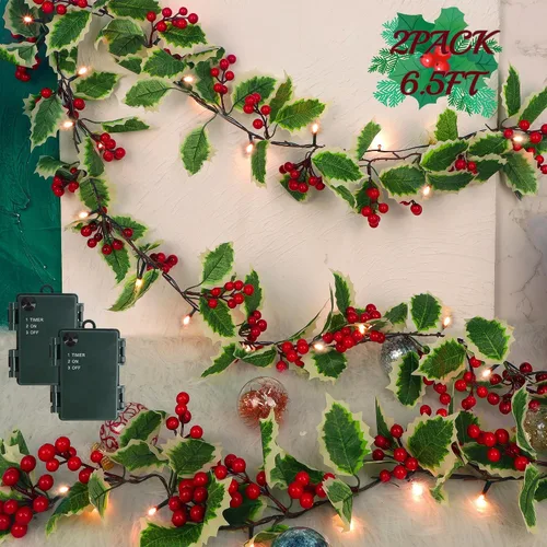 Vista 9 de Juegoal Guirnalda de Navidad, guirnalda de bayas rojas y hojas de acebo preiluminadas de 6.5 pies, guirnalda de bayas artificiales iluminadas a