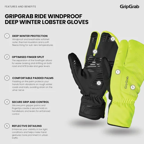 Vista 2 de GripGrab Ride Windproof Deep Winter Lobster 3-Finger Cycling Gloves Thermal Fleece Lined Padded Windproof Cold Weather Water-Repellent