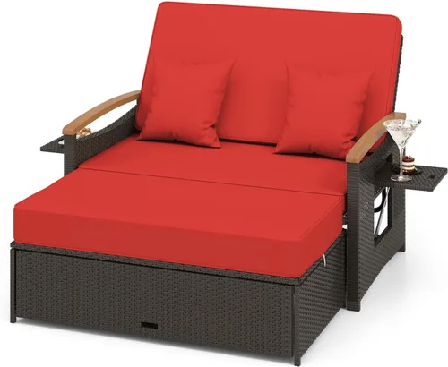 Vista 14 de LDAILY Moccha - Sofá de mimbre para exteriores, sofá biplaza de ratán para patio con respaldo ajustable de 4 niveles, paneles plegables, otomana