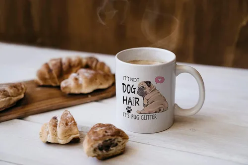 Vista 2 de DOTAIN Taza de café divertida con purpurina «It's Not Dog Hair It's Pug It», taza de cerámica de doble cara de 11 onzas para café, té, leche, regalo