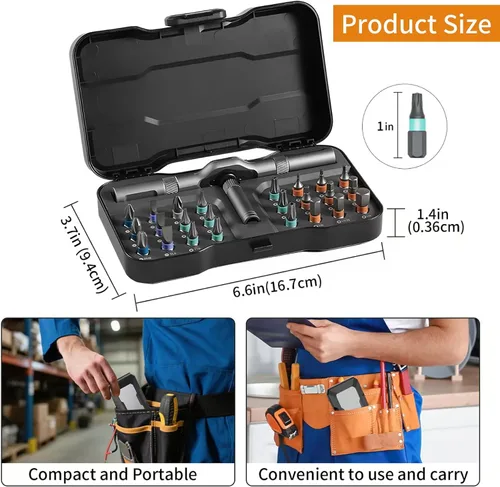 Vista 2 de Juego de destornilladores magnéticos de trinquete 24 en 1, juego de destornilladores magnéticos multibit DIY con mango de trinquete desmontable, kit