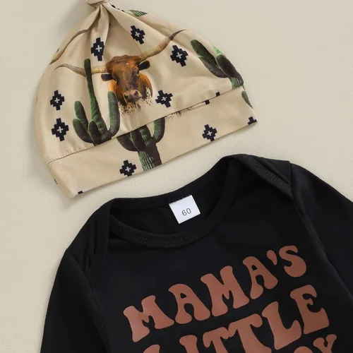 Vista 4 de Omkzanbi Ropa occidental para bebé recién nacido, mameluco de vaquero de mamás y vaquero, estilo retro, pantalones deportivos, sombrero, traje