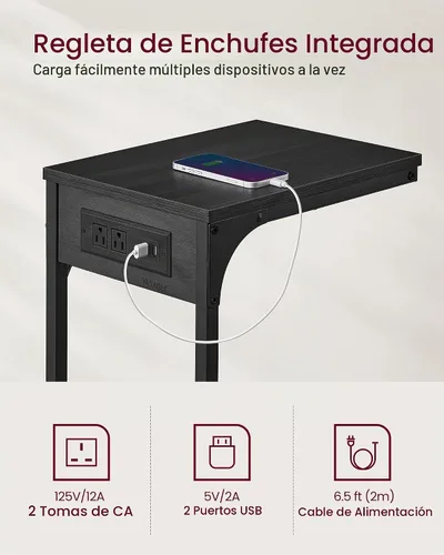 Vista 4 de VASAGLE Mesa auxiliar en forma de C, mesa auxiliar con estación de carga, mesa C para sofá, sillón, pies ajustables, para dormitorio, sala de estar