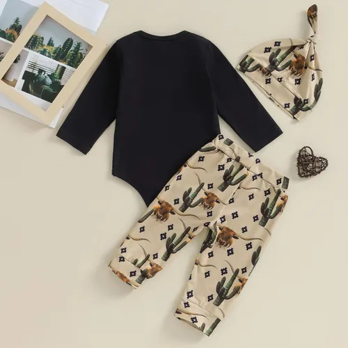 Vista 3 de Omkzanbi Ropa occidental para bebé recién nacido, mameluco de vaquero de mamás y vaquero, estilo retro, pantalones deportivos, sombrero, traje