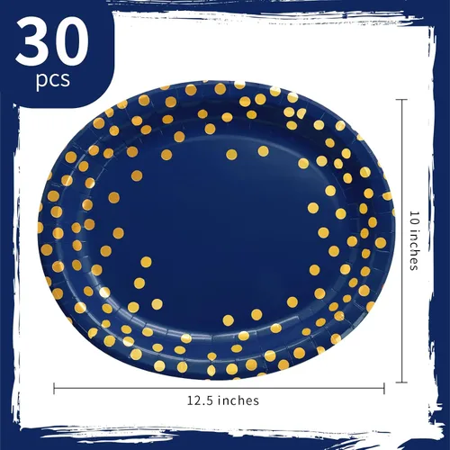 Vista 3 de 30 platos azul marino de 10 x 12 pulgadas, platos ovalados de papel azul y dorado, platos grandes para fiestas patrióticas para jubilaciones del 4