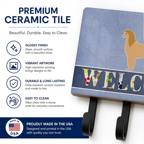 Vista 3 de Caroline's Treasures Afghan Hound - Gancho de pared de bienvenida, triple, multicolor Afghan Hound Welcome artwork on ceramic tile with three