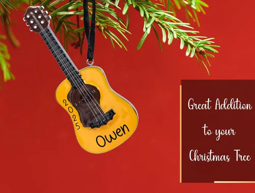 Vista 4 de Adorno de Navidad personalizado de guitarra acústica para instrumento musical 2026 Adorno de guitarra acústica de madera para árbol de Navidad