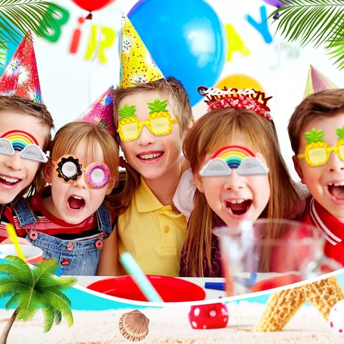Vista 6 de Flutesan 3 pares de divertidos lentes hawaianos Luau, lentes de sol tropicales de playa, piña, arco iris, nube, dona, para niños, regalos de fiesta