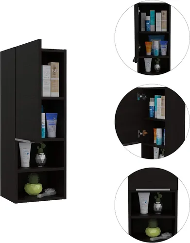 Vista 4 de Armario de pared para baño, botiquín montado en la pared, puerta única y estantes abiertos, sala de estar, baño, organizador de almacenamiento Negro
