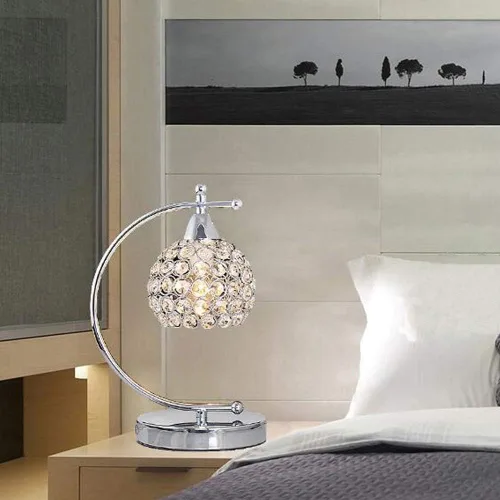Vista 9 de Onerbuy Moderna lámpara de mesa de cristal enchufable, lámpara de mesa de noche cromada plateada E27 con interruptor de encendido/apagado en línea