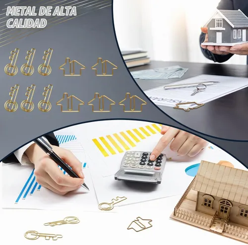 Vista 6 de Gueevin Paquete de 100 clips de papel en forma de casa y llave con 2 cajas Dorado