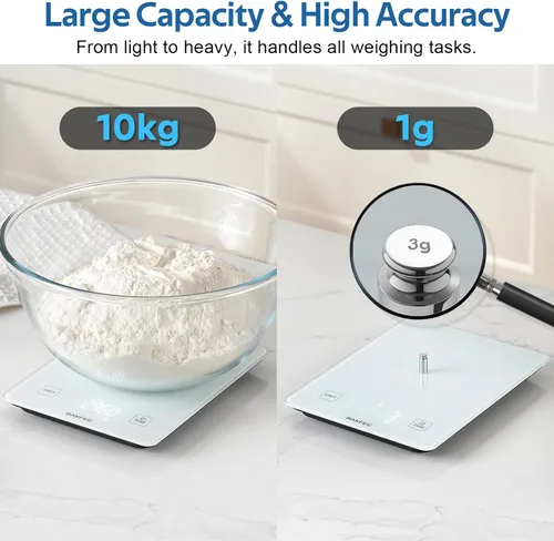 Vista 2 de Báscula de cocina impermeable IP67 con superficie de vidrio, báscula de alimentos de 10 kg, precisión de 1 g/0.1 oz, recargable por USB, pantalla