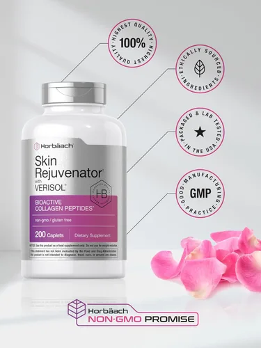 Vista 6 de Rejuvenecedor de piel Horbäach con Verisol Péptidos de colágeno bioactivos 200 cápsulas Suplemento sin OMG, sin gluten