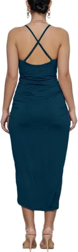Vista 2 de LYANER - Vestido por debajo de la rodilla, tipo bodycon, con tirantes delgados, sin mangas, con cuello en V, fruncido y dobladillo con abertura