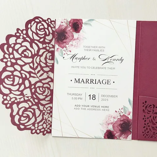 Vista 7 de 20 tarjetas de invitaciones de boda de flora cortadas con láser triples de 5.1 x 7.1 pulgadas con sobres y cintas para boda, despedida de soltera