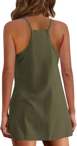 Vista 6 de Vestido atlético para mujer, sin mangas, para entrenamiento, mini vestido de tenis, enterizo con camisola y pantalones cortos integradosdivididos