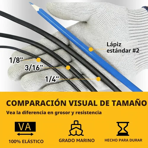 Vista 4 de Rollo de cuerda elástica resistente, cuerdas elásticas de grado marino de 1/4 pulgadas x 110 pies, cuerdas elásticas negras superelásticas, cable