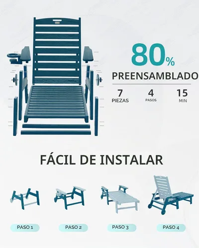 Vista 5 de Chaise Lounge Chair al aire libre con ruedas, silla de patio de gran tamaño con textura de madera, silla de plástico de 5 posiciones para piscina