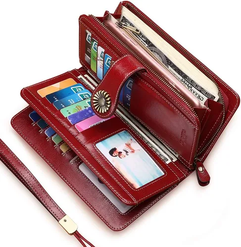 Vista 2 de SENDEFN - Cartera de cuero genuino para mujer con correa 24 ranuras para tarjetas 2 ventanas para identificación compartimentos para efectivo 1
